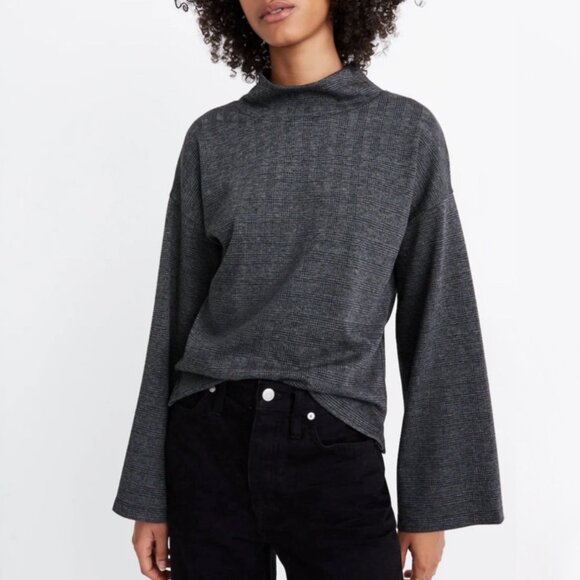 Madewell Wide Sleeve Mockneck Top in Glen Plaid Grey Ofice Neutral Small S - Picture 1 of 11